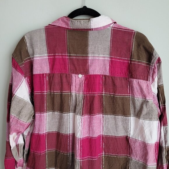 Vintage 90s Cotton Brown Cream Pink Checks Metallic Thread Button Down Shirt - Picture 5 of 7